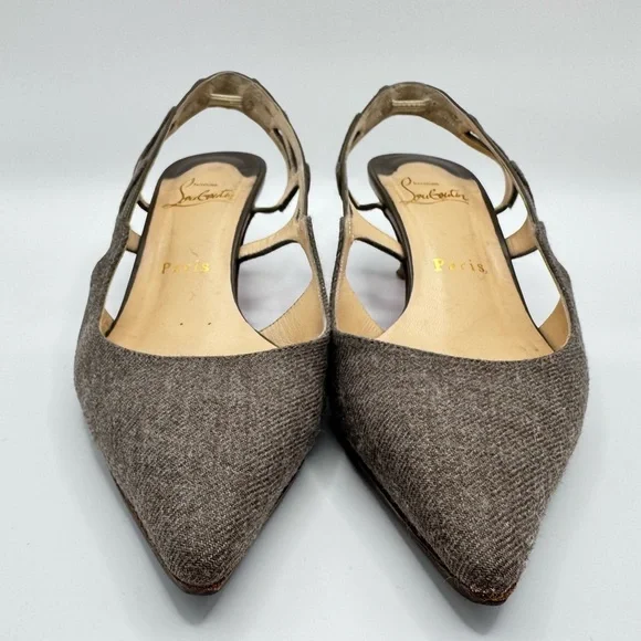 Christian Louboutin Wool Slingback Heels Brown Pointed Toe Kitten Heel EU 36.5 - Picture 2 of 6